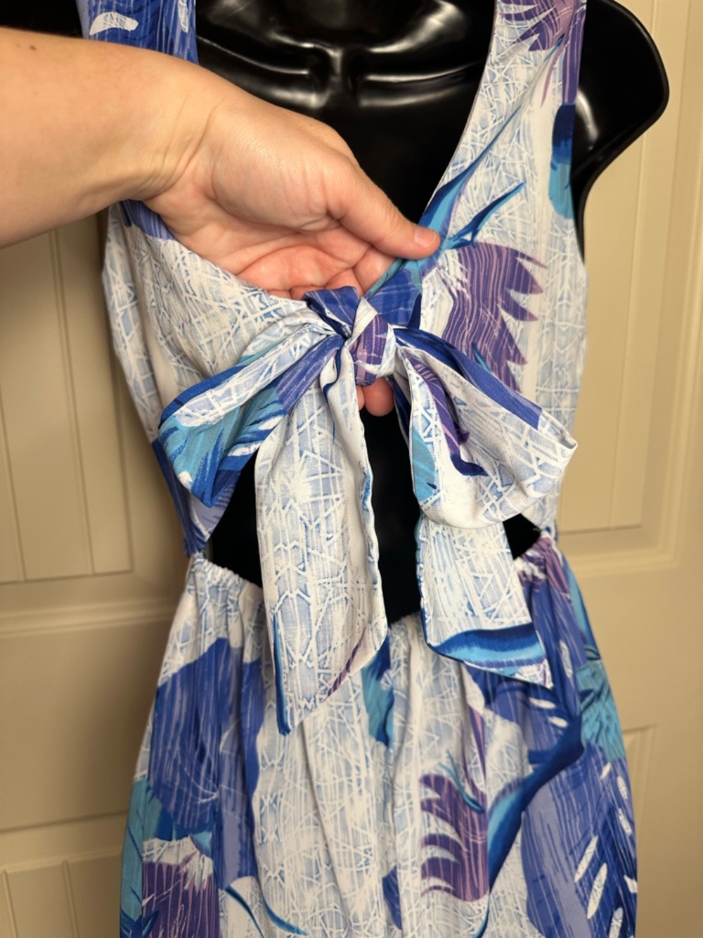 Japna Palm Floral Wide Leg Jumpsuit Vacation White Purple Blue Tie Back Small - Picture 10 of 10